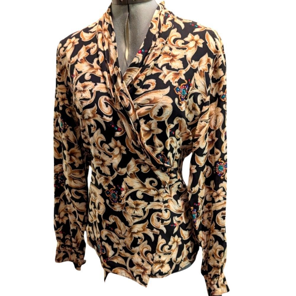 Women's vintage silk St. Denis floral jeweled print blouse top lux size small